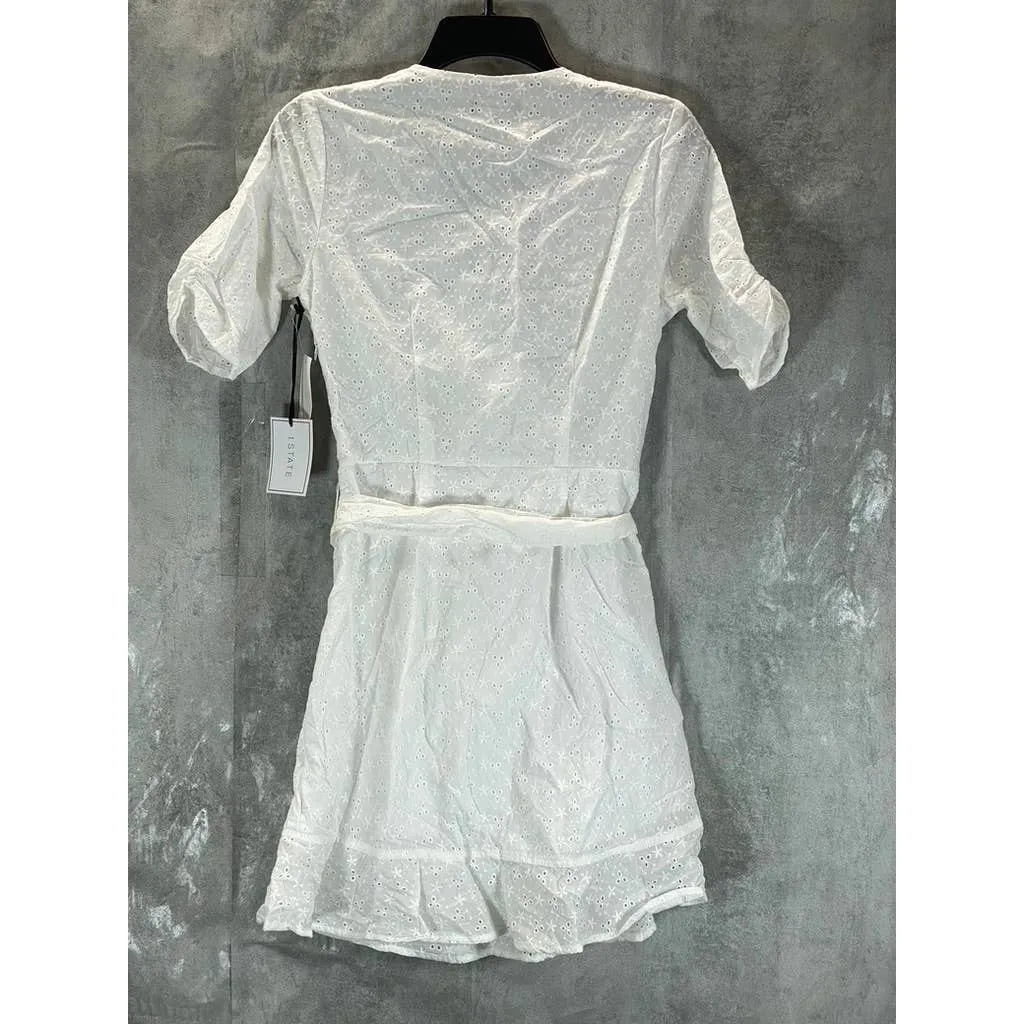 1. STATE Women's White Eyelet Wrap-Front Ruched Elbow-Sleeve Mini Dress SZ 2