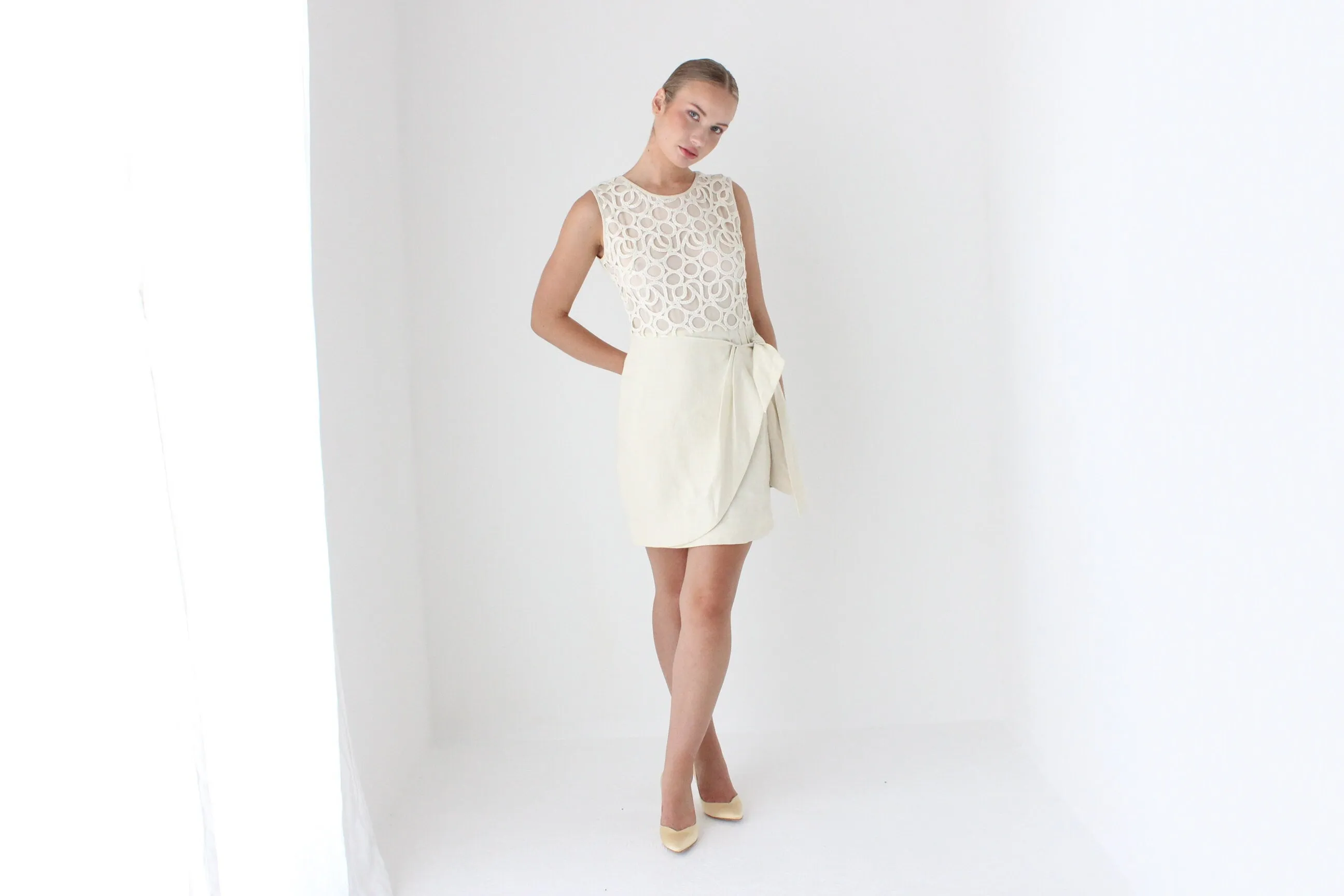 2000s Lela Rose Cream Linen 'Wrap' Dress