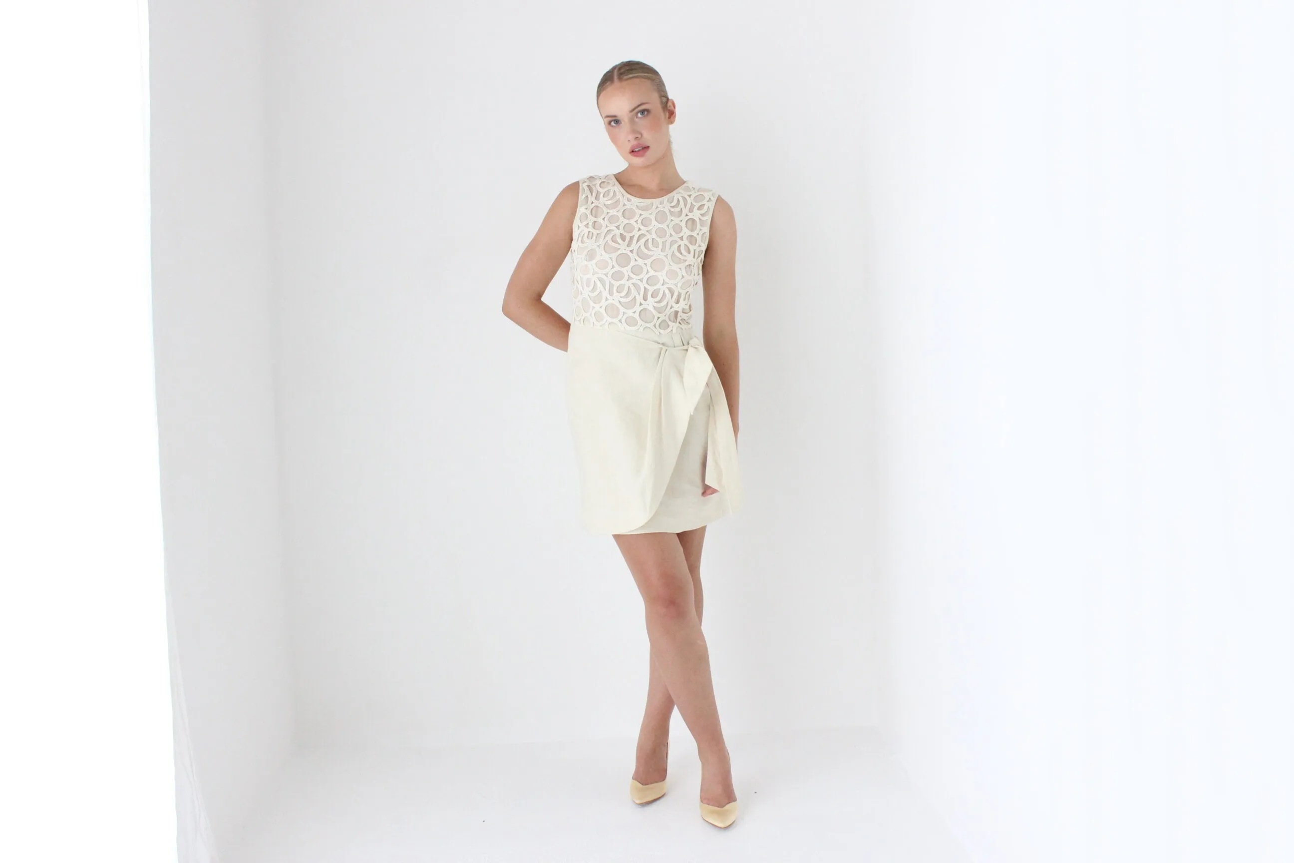 2000s Lela Rose Cream Linen 'Wrap' Dress