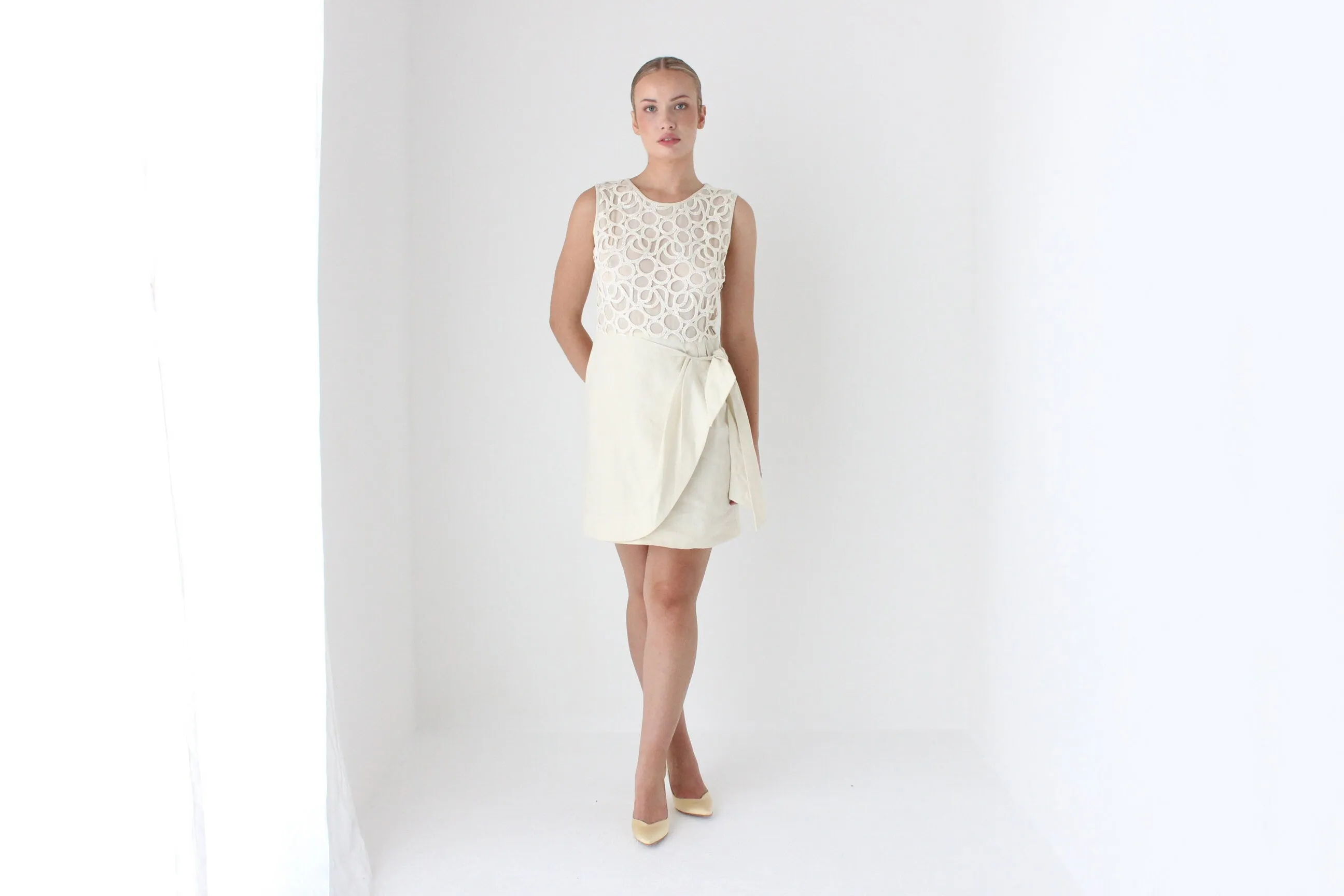 2000s Lela Rose Cream Linen 'Wrap' Dress