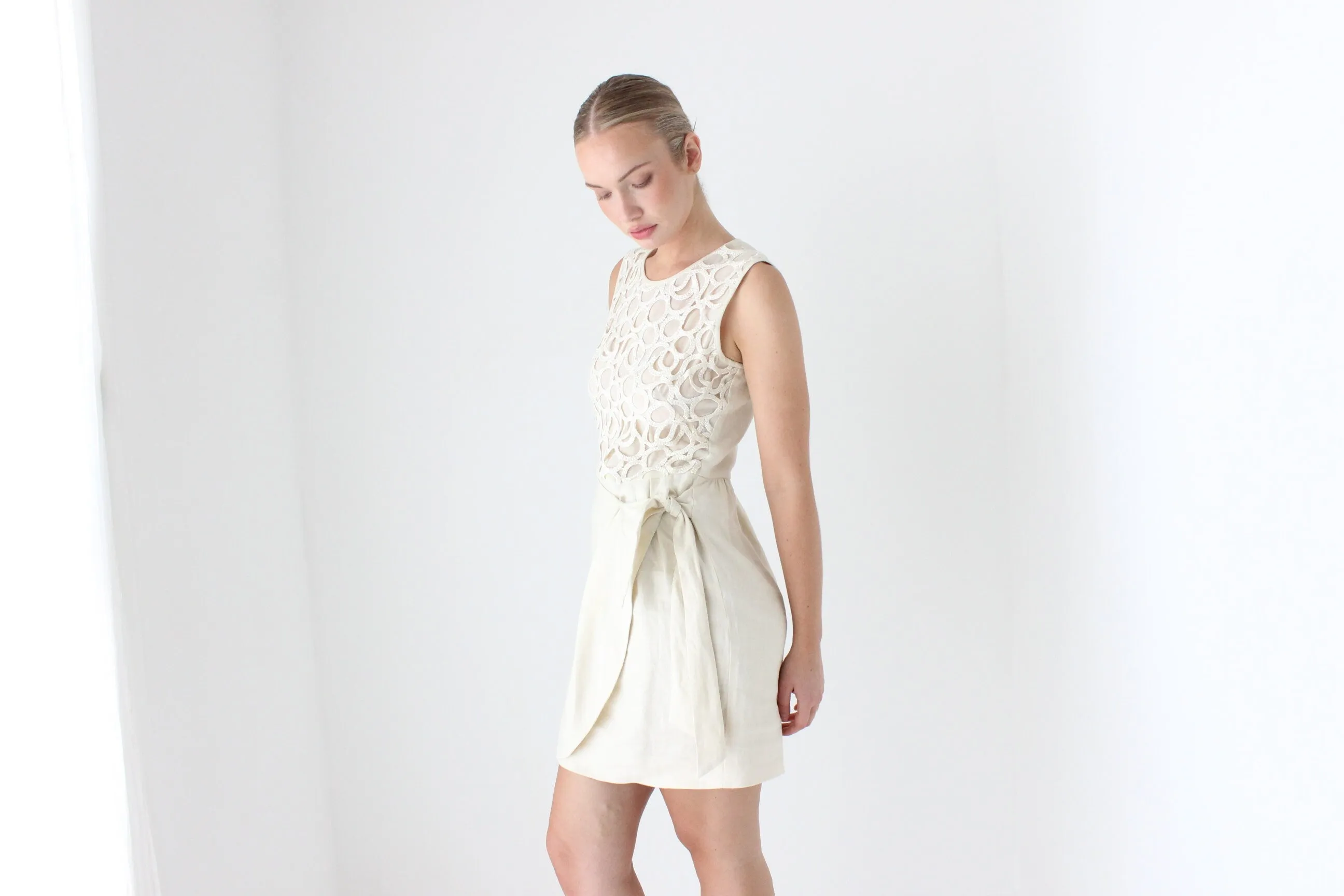 2000s Lela Rose Cream Linen 'Wrap' Dress