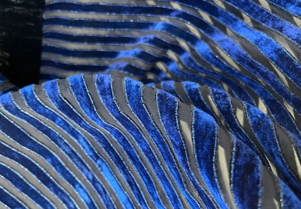 57" Panel - Couture Bright Navy Velvet & Onyx Organza Silk & Rayon Cut Velvet (Made in Italy)
