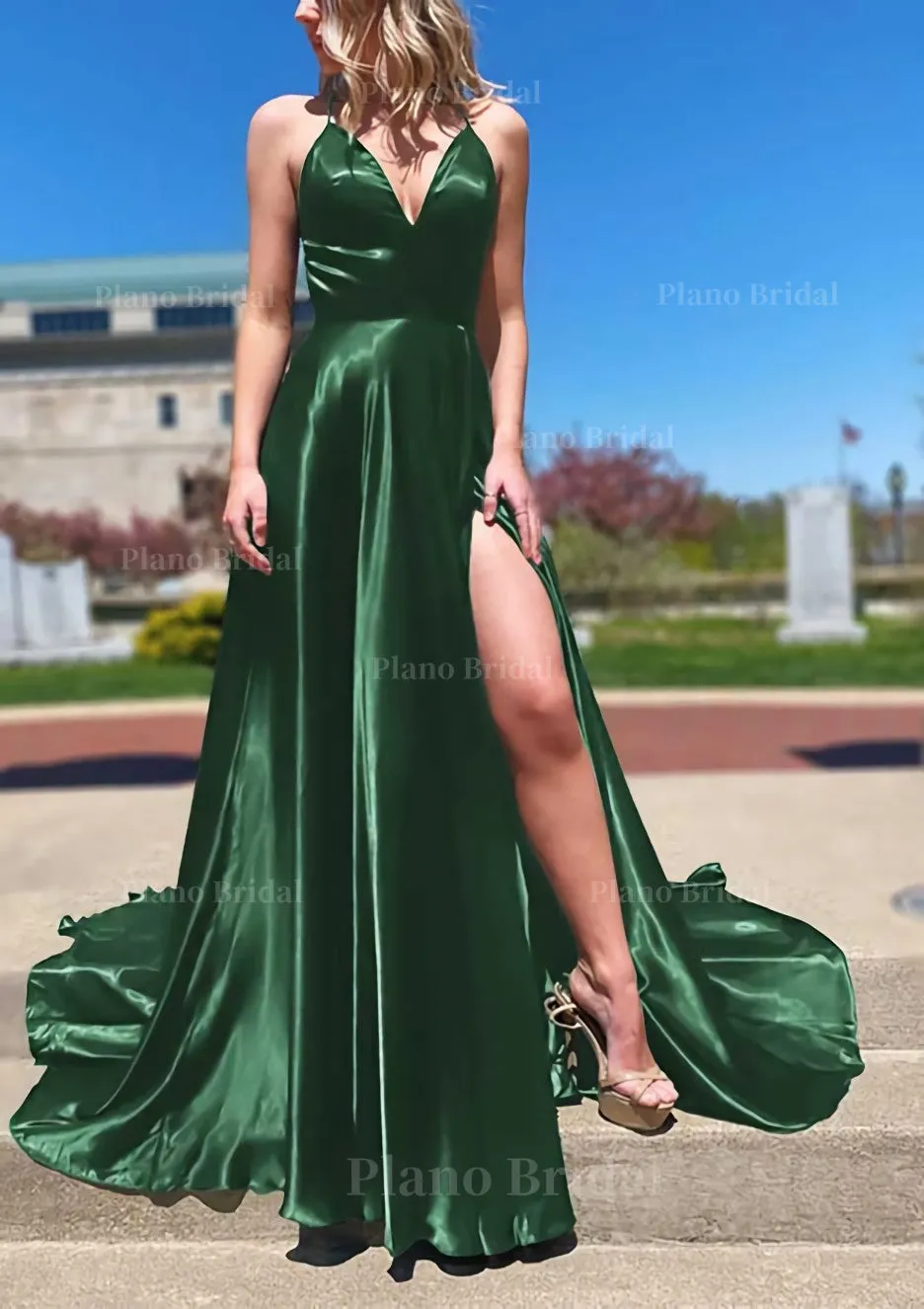 A-line V Neck Spaghetti Straps Sweep Train Charmeuse Prom Dress With Split
