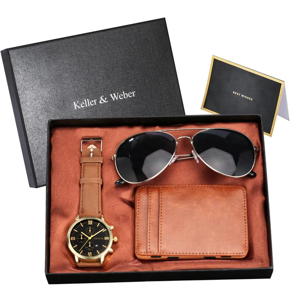 A Unique Gift Luxury Rose Gold Color with Leather Watch, Wallet & Fashion Sunglasses Sets for Men M14