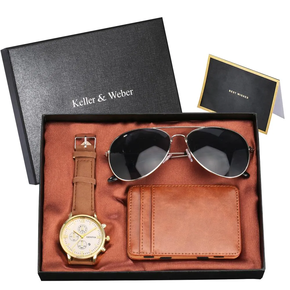 A Unique Gift Luxury Rose Gold Color with Leather Watch, Wallet & Fashion Sunglasses Sets for Men M14