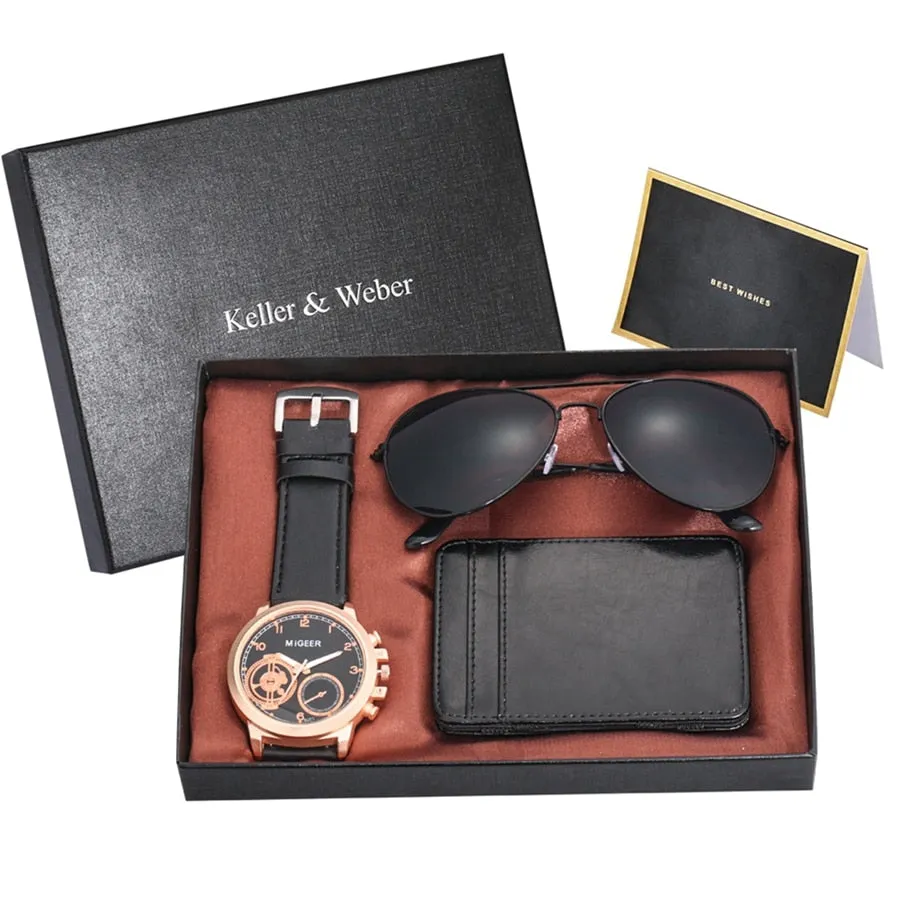 A Unique Gift Luxury Rose Gold Color with Leather Watch, Wallet & Fashion Sunglasses Sets for Men M14