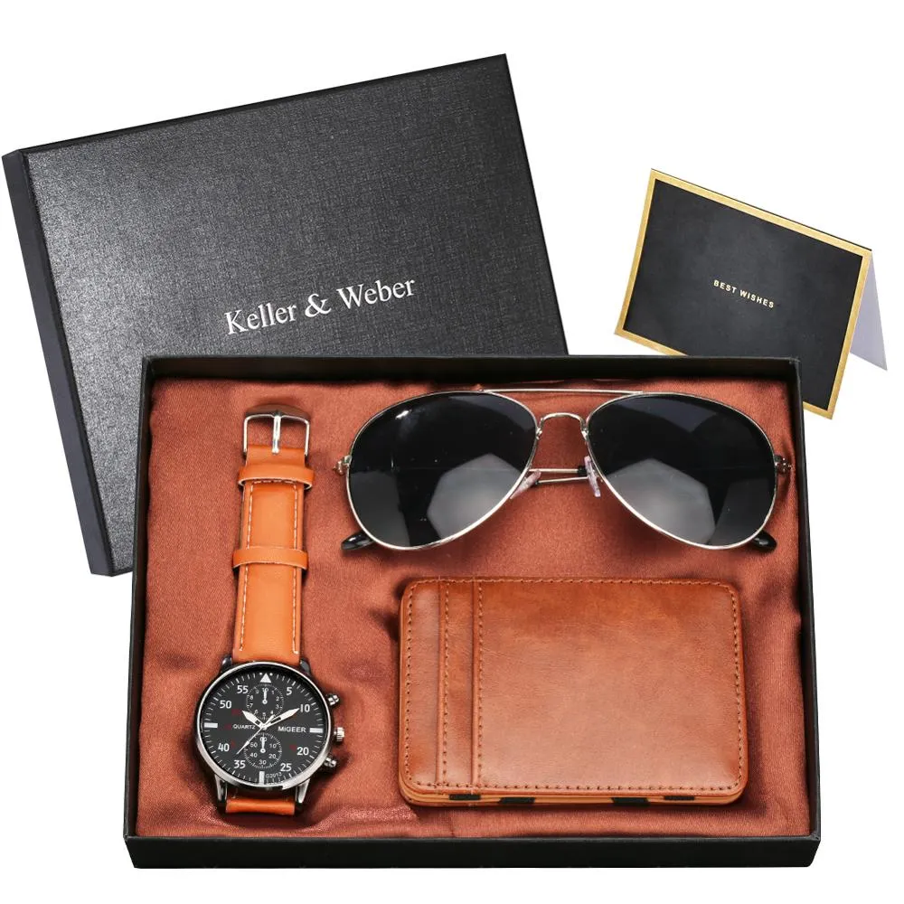 A Unique Gift Luxury Rose Gold Color with Leather Watch, Wallet & Fashion Sunglasses Sets for Men M14