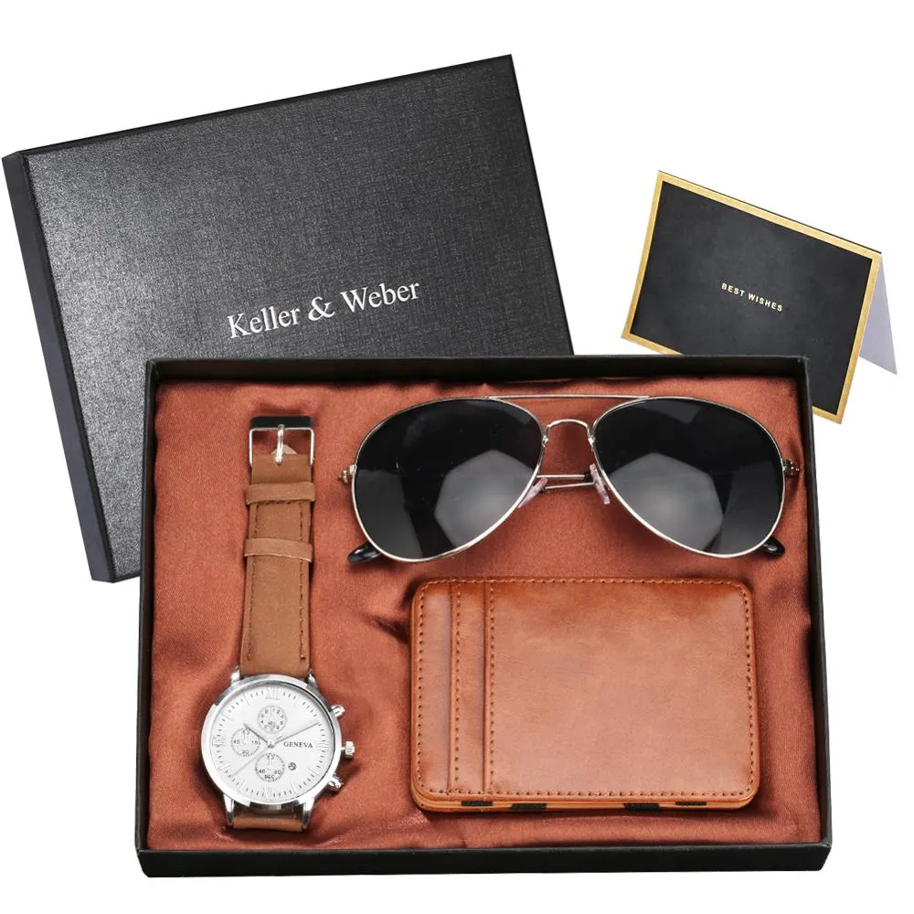 A Unique Gift Luxury Rose Gold Color with Leather Watch, Wallet & Fashion Sunglasses Sets for Men M14