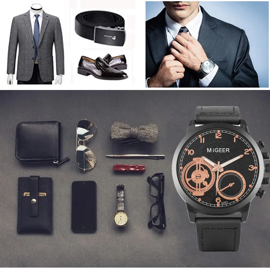 A Unique Gift Luxury Rose Gold Color with Leather Watch, Wallet & Fashion Sunglasses Sets for Men M14