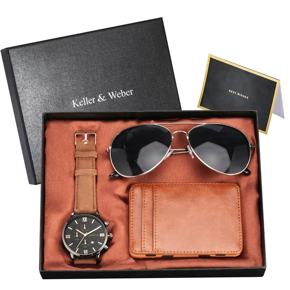 A Unique Gift Luxury Rose Gold Color with Leather Watch, Wallet & Fashion Sunglasses Sets for Men M14