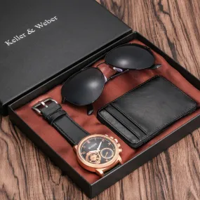 A Unique Gift Luxury Rose Gold Color with Leather Watch, Wallet & Fashion Sunglasses Sets for Men M14