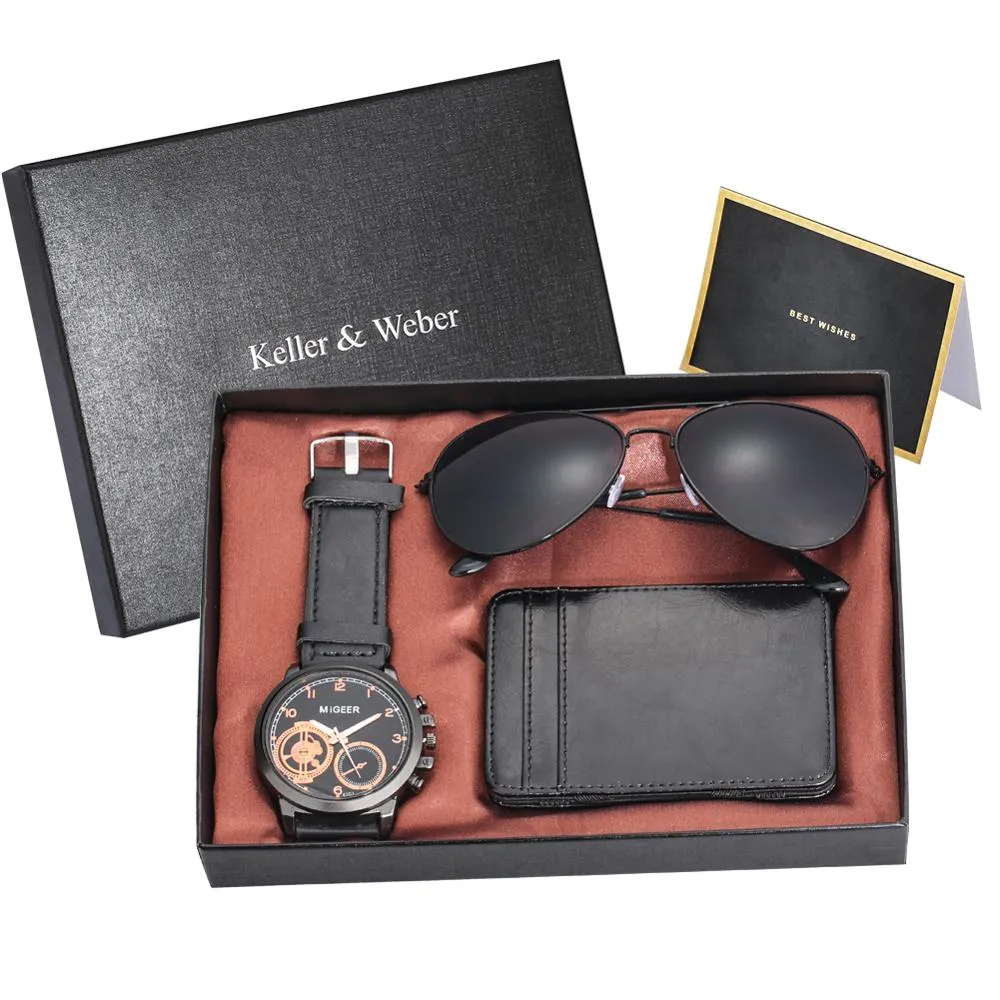 A Unique Gift Luxury Rose Gold Color with Leather Watch, Wallet & Fashion Sunglasses Sets for Men M14