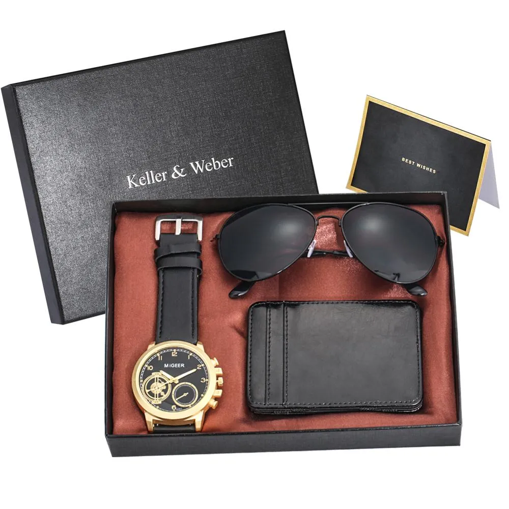 A Unique Gift Luxury Rose Gold Color with Leather Watch, Wallet & Fashion Sunglasses Sets for Men M14