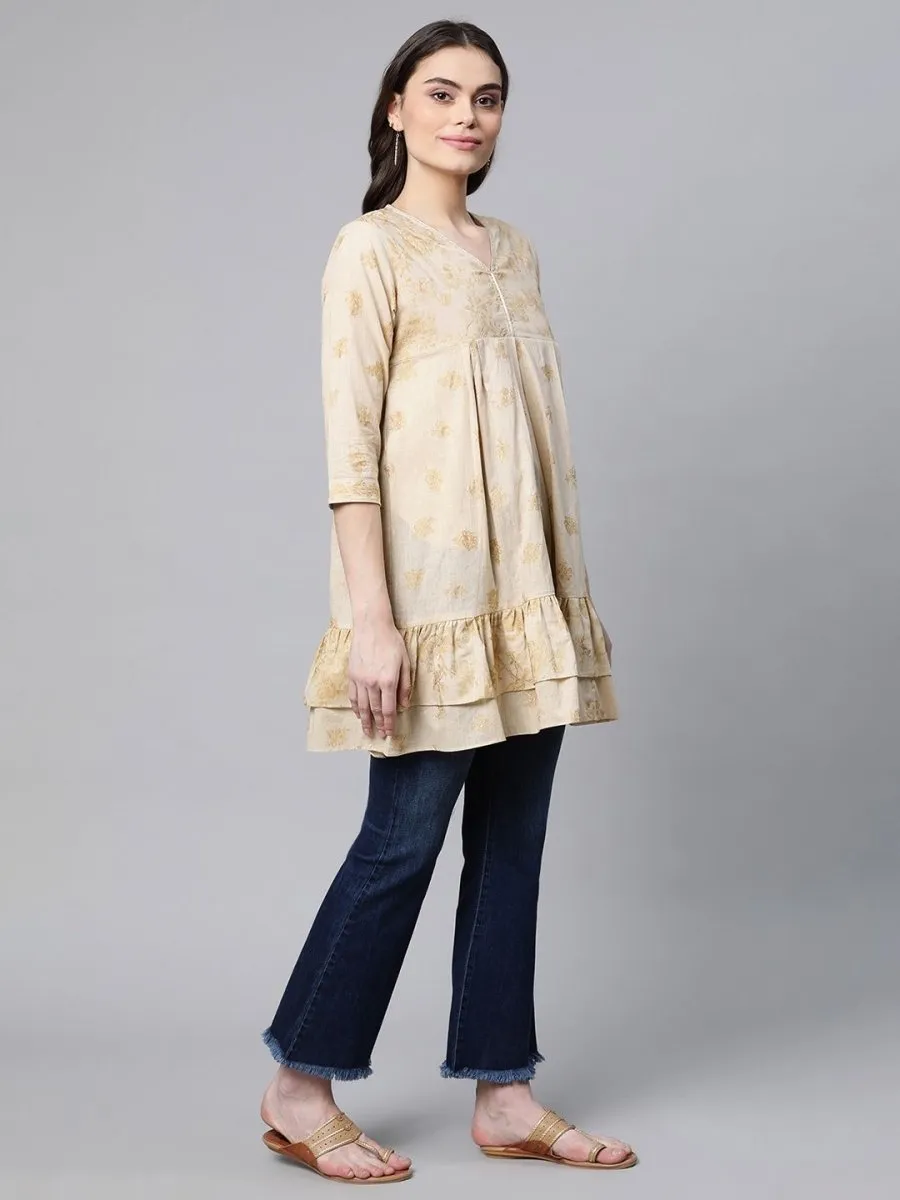 Ahalyaa Beige Cotton Gold Printed Tunic