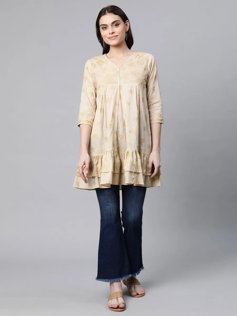 Ahalyaa Beige Cotton Gold Printed Tunic