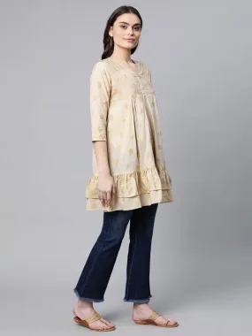 Ahalyaa Beige Cotton Gold Printed Tunic