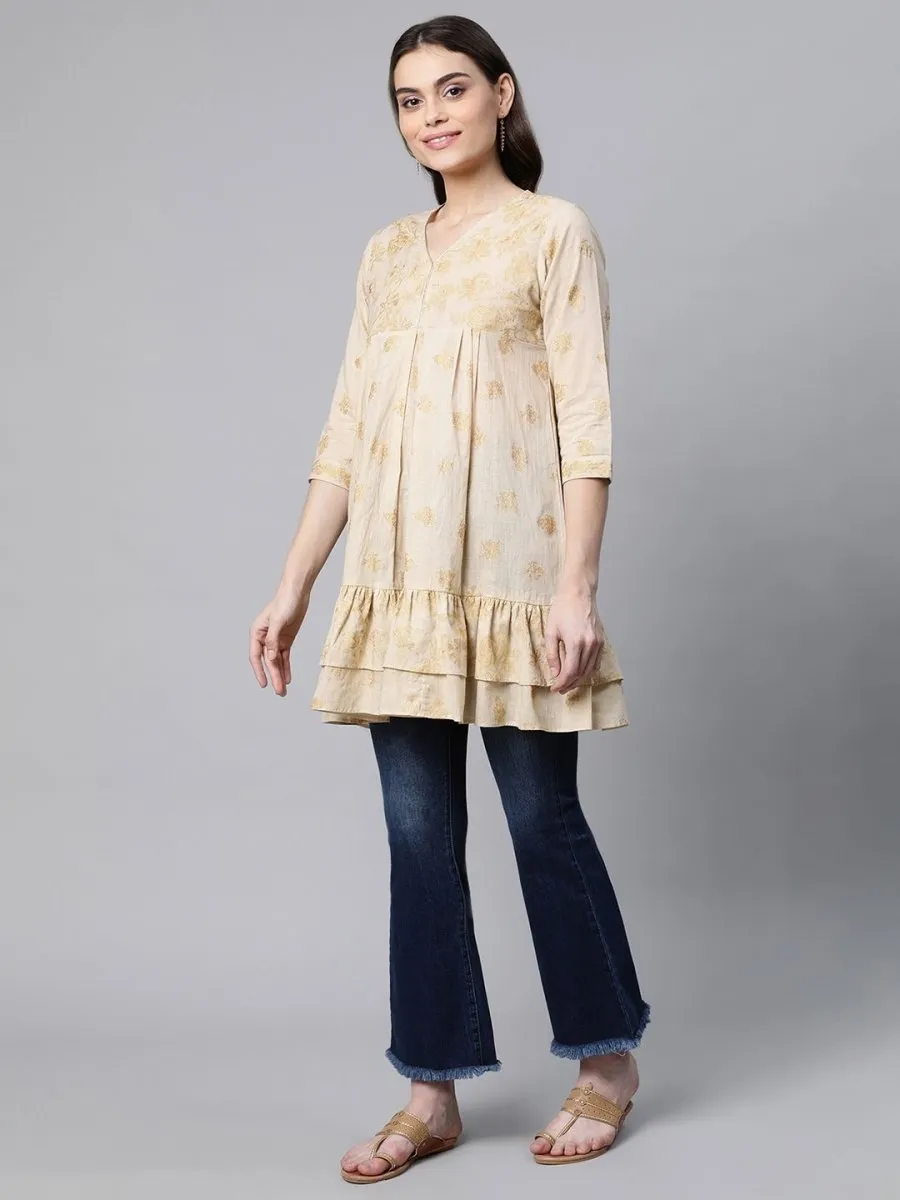 Ahalyaa Beige Cotton Gold Printed Tunic