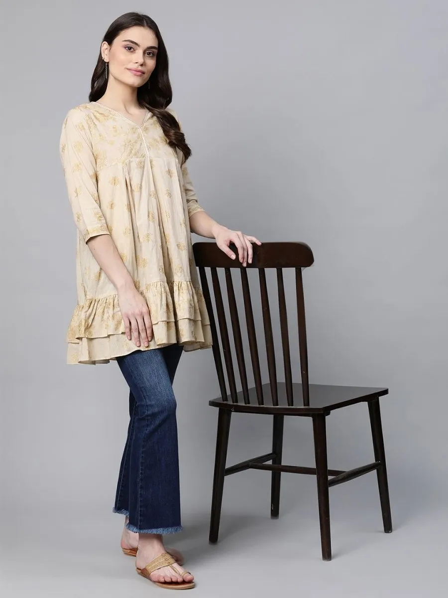 Ahalyaa Beige Cotton Gold Printed Tunic
