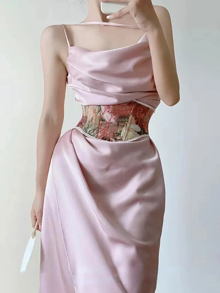 Aiertu Summer Elegant Sexy Two Piece Set Women Pink France Sweet Party Dress Set Female Print Vintage Tunic   Ruched Fairy Dress New