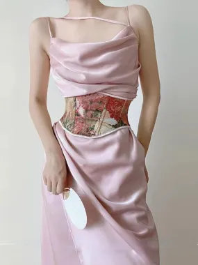 Aiertu Summer Elegant Sexy Two Piece Set Women Pink France Sweet Party Dress Set Female Print Vintage Tunic   Ruched Fairy Dress New