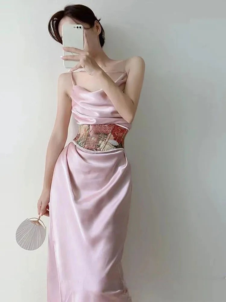 Aiertu Summer Elegant Sexy Two Piece Set Women Pink France Sweet Party Dress Set Female Print Vintage Tunic   Ruched Fairy Dress New