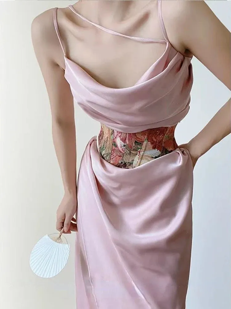 Aiertu Summer Elegant Sexy Two Piece Set Women Pink France Sweet Party Dress Set Female Print Vintage Tunic   Ruched Fairy Dress New