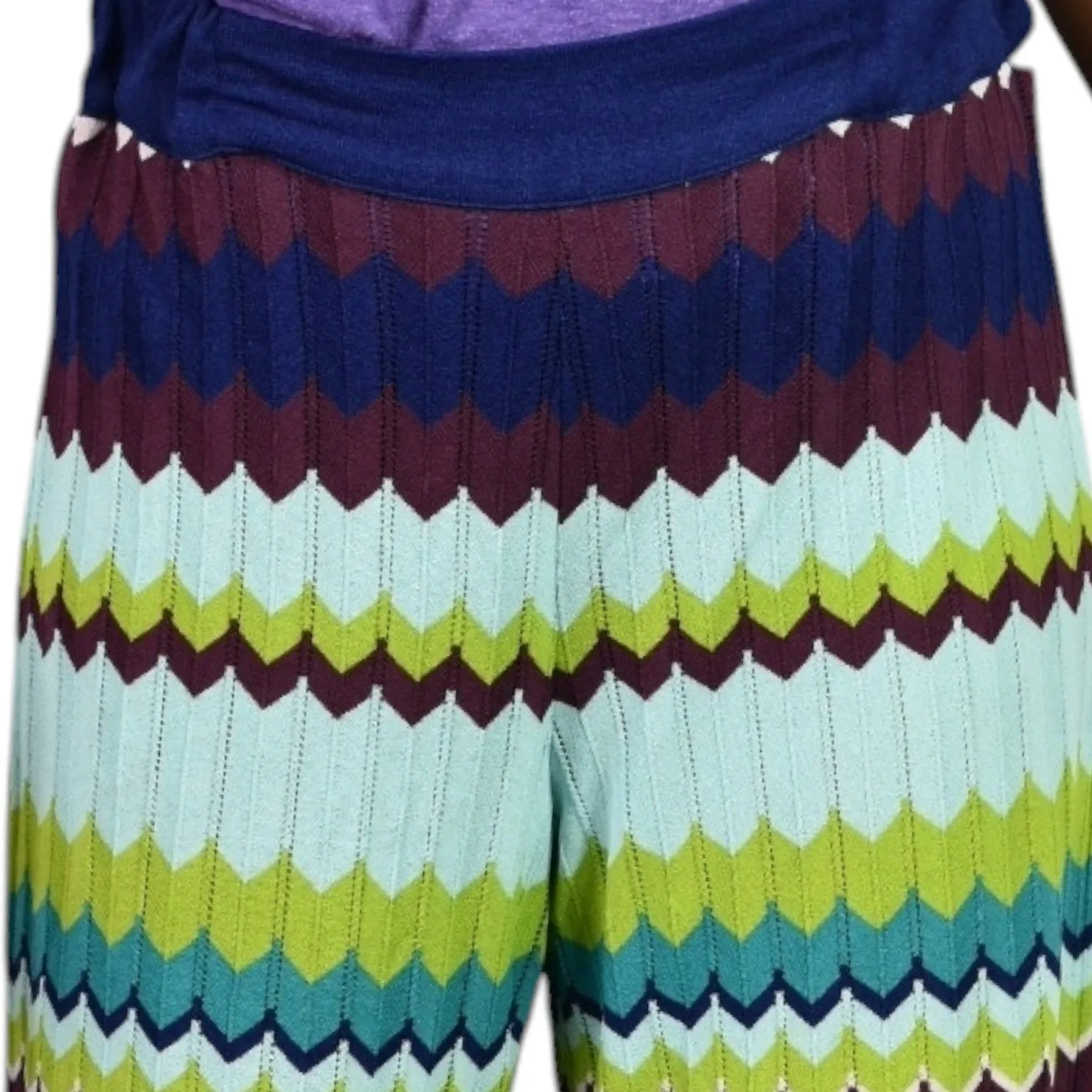 Aldomartins Pointelle Knit Pants Green Multi Zigzag Chevron Stripe Wide Leg Flare Stretch Pull On Size 6