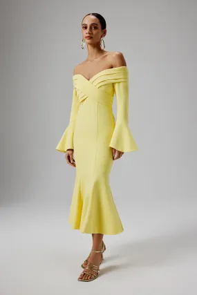 AMELIA Ponte Off Shoulder Fluted Sleeve Midi Dress in Yellow