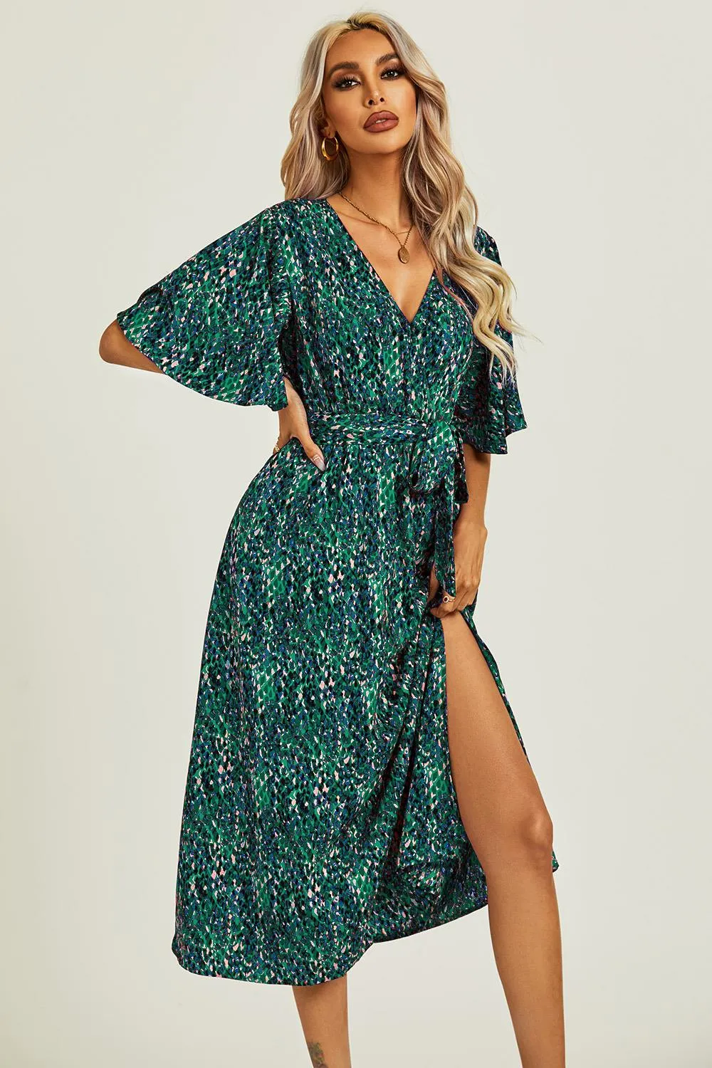 Angel Sleeve Wrap Top Midi Dress In Green