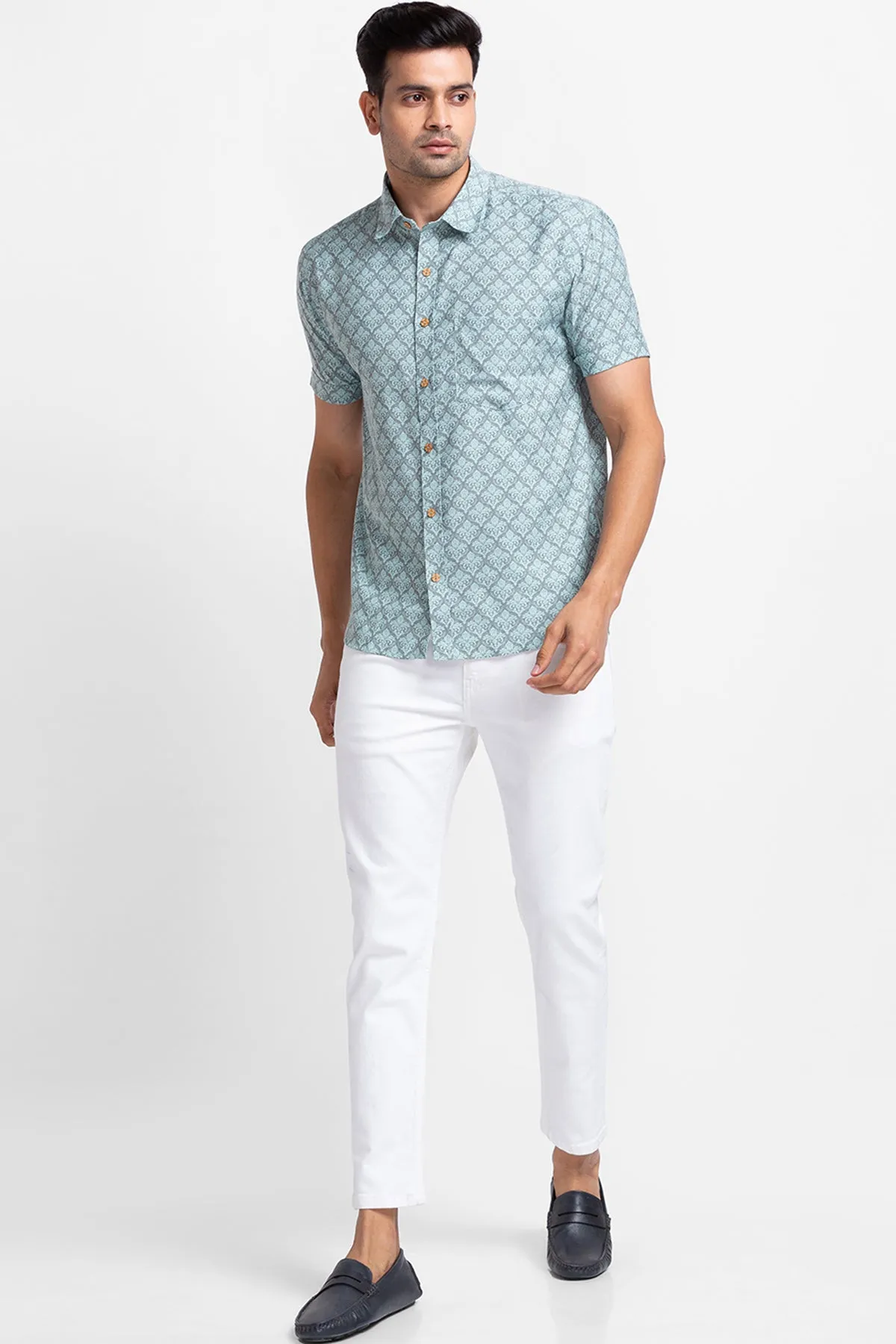 Aqua Denim Look Digital Print Shirt