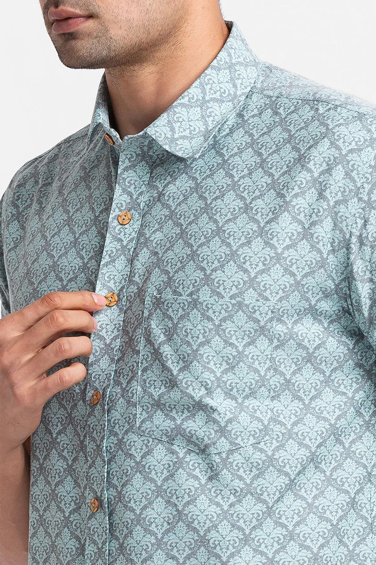 Aqua Denim Look Digital Print Shirt