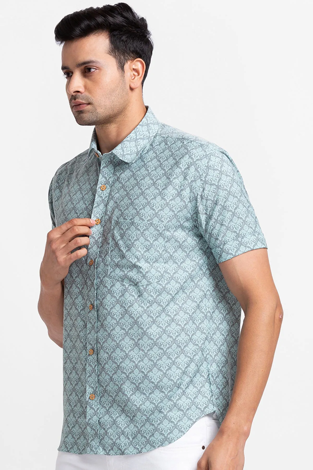Aqua Denim Look Digital Print Shirt