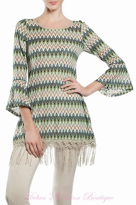 A'Reve Back Lace Up Fringe Tunic - Teal Multi