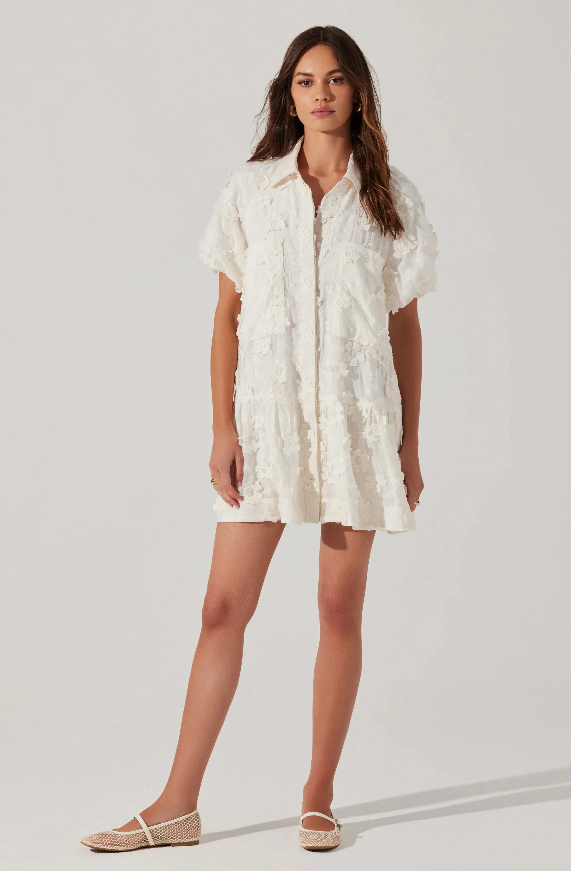 AST Aihara 3D Floral Applique Cream Puff Sleeve Dress