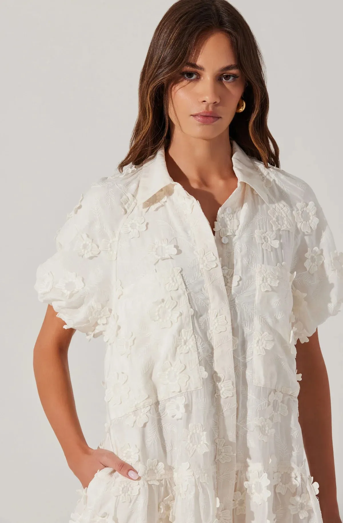 AST Aihara 3D Floral Applique Cream Puff Sleeve Dress