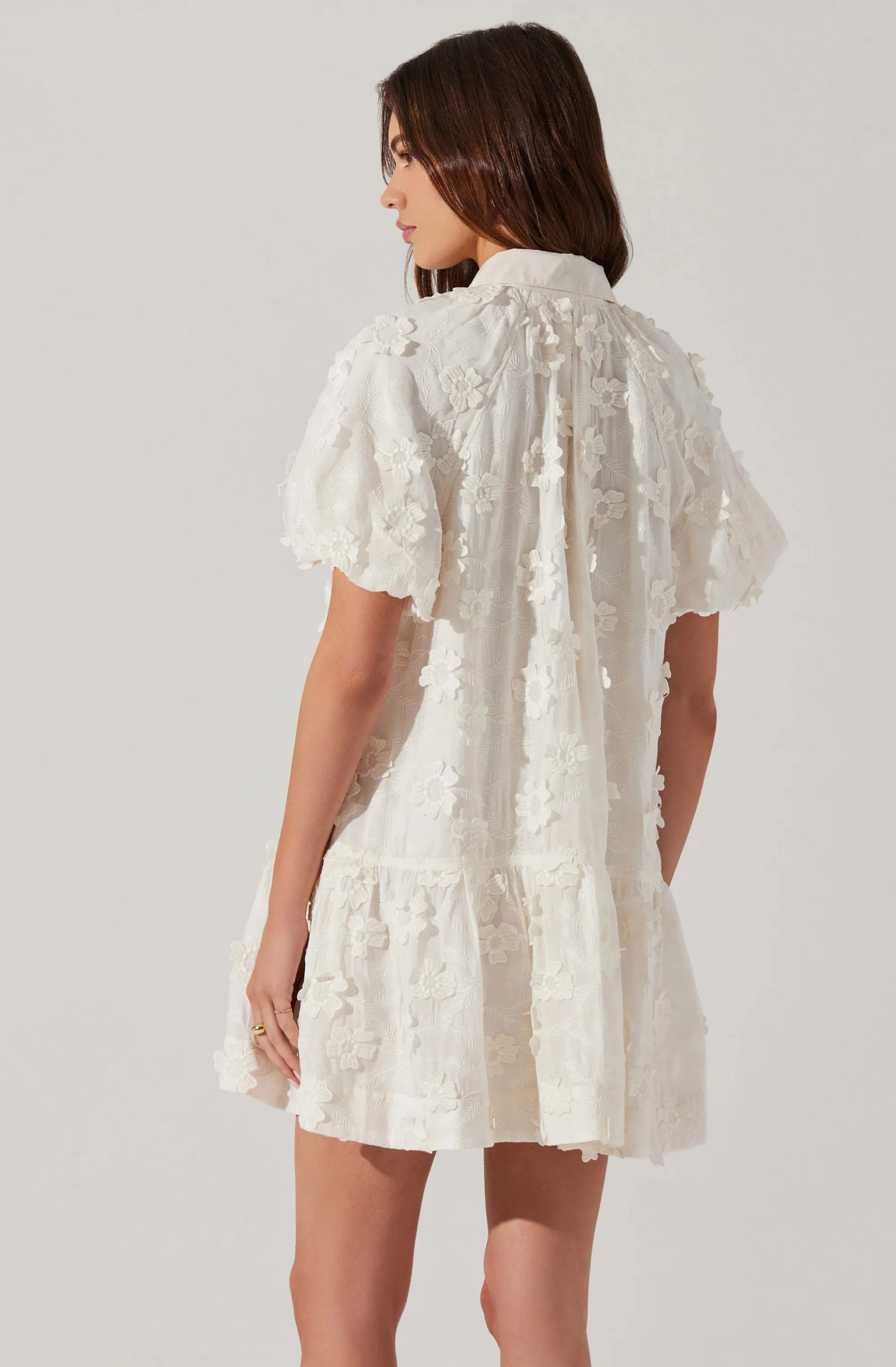 AST Aihara 3D Floral Applique Cream Puff Sleeve Dress