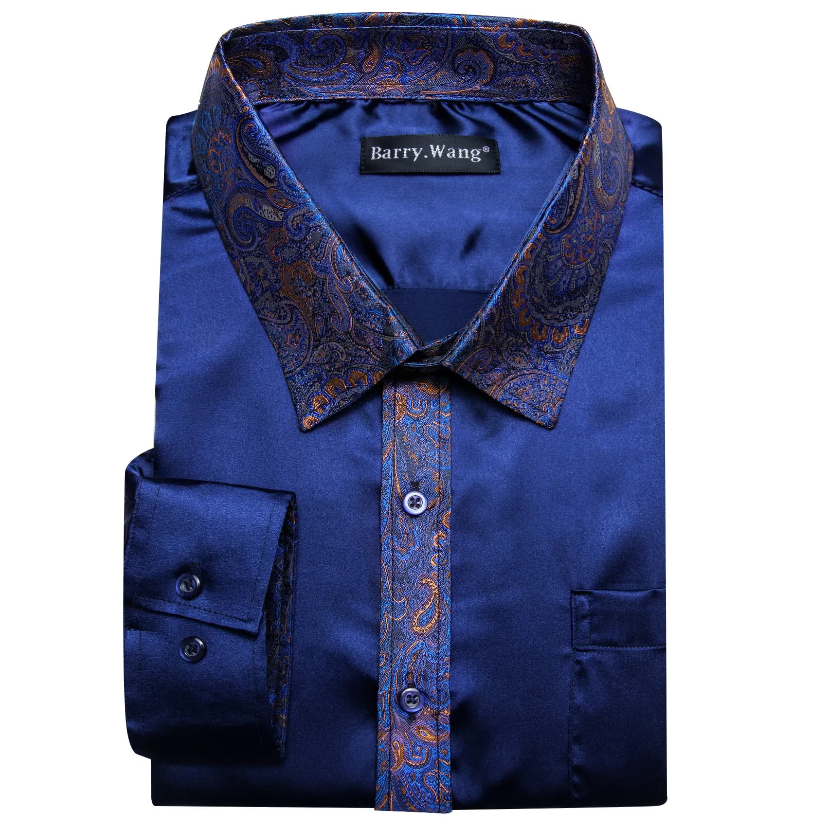 Barry Wang Dark Blue Shirt with Paisley Collar Button Up Satin Shirt