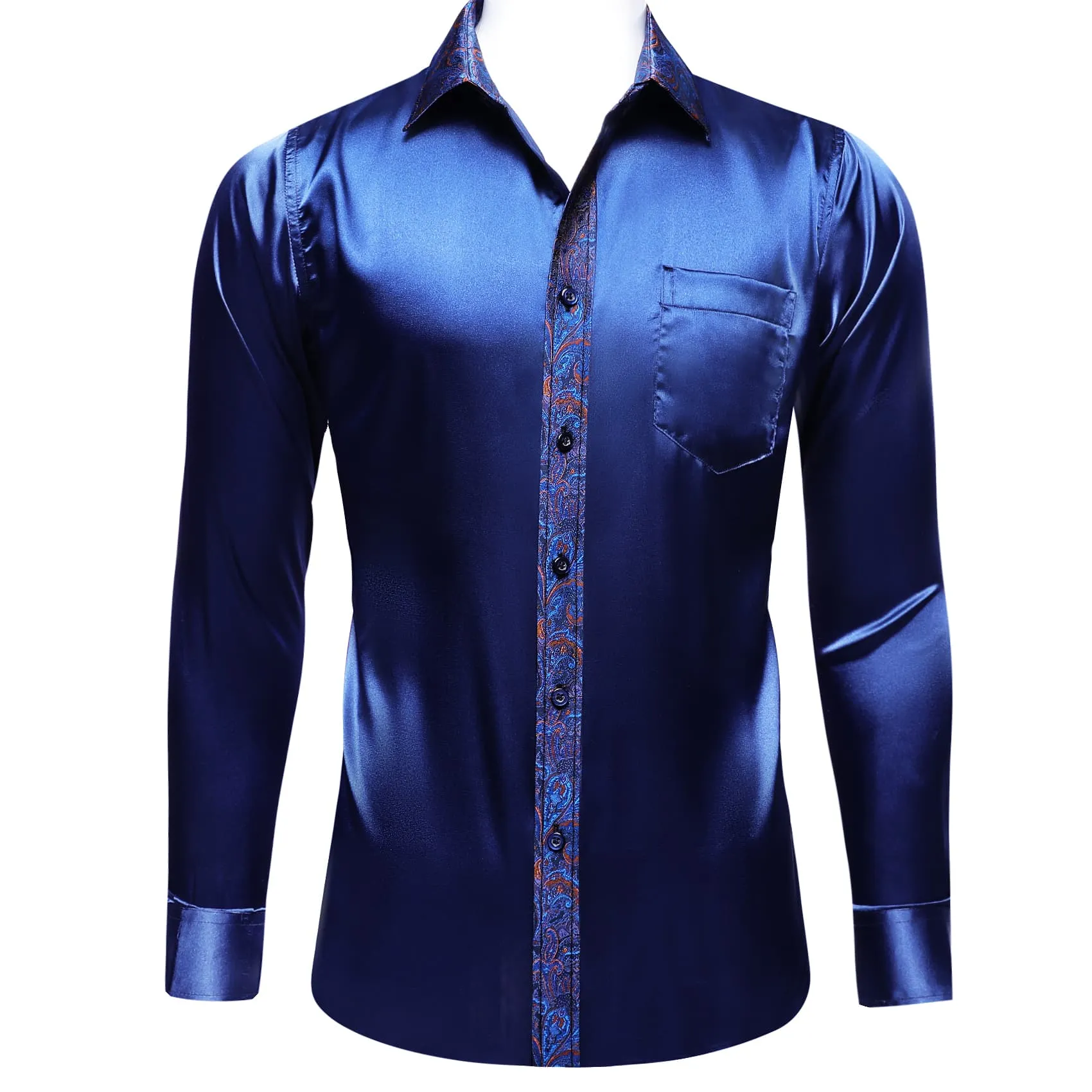 Barry Wang Dark Blue Shirt with Paisley Collar Button Up Satin Shirt