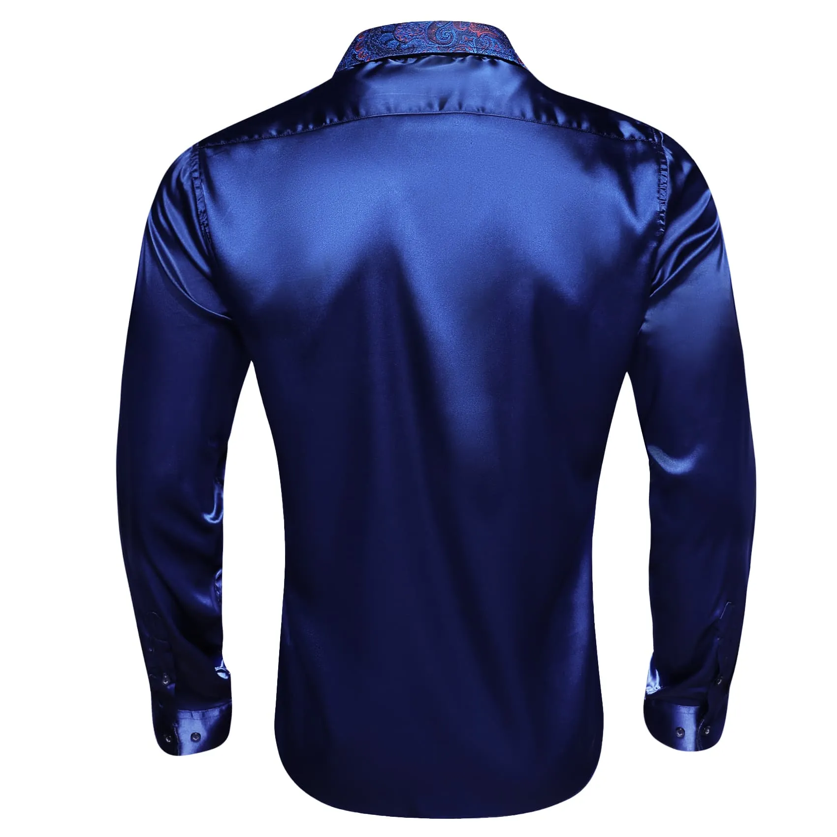 Barry Wang Dark Blue Shirt with Paisley Collar Button Up Satin Shirt