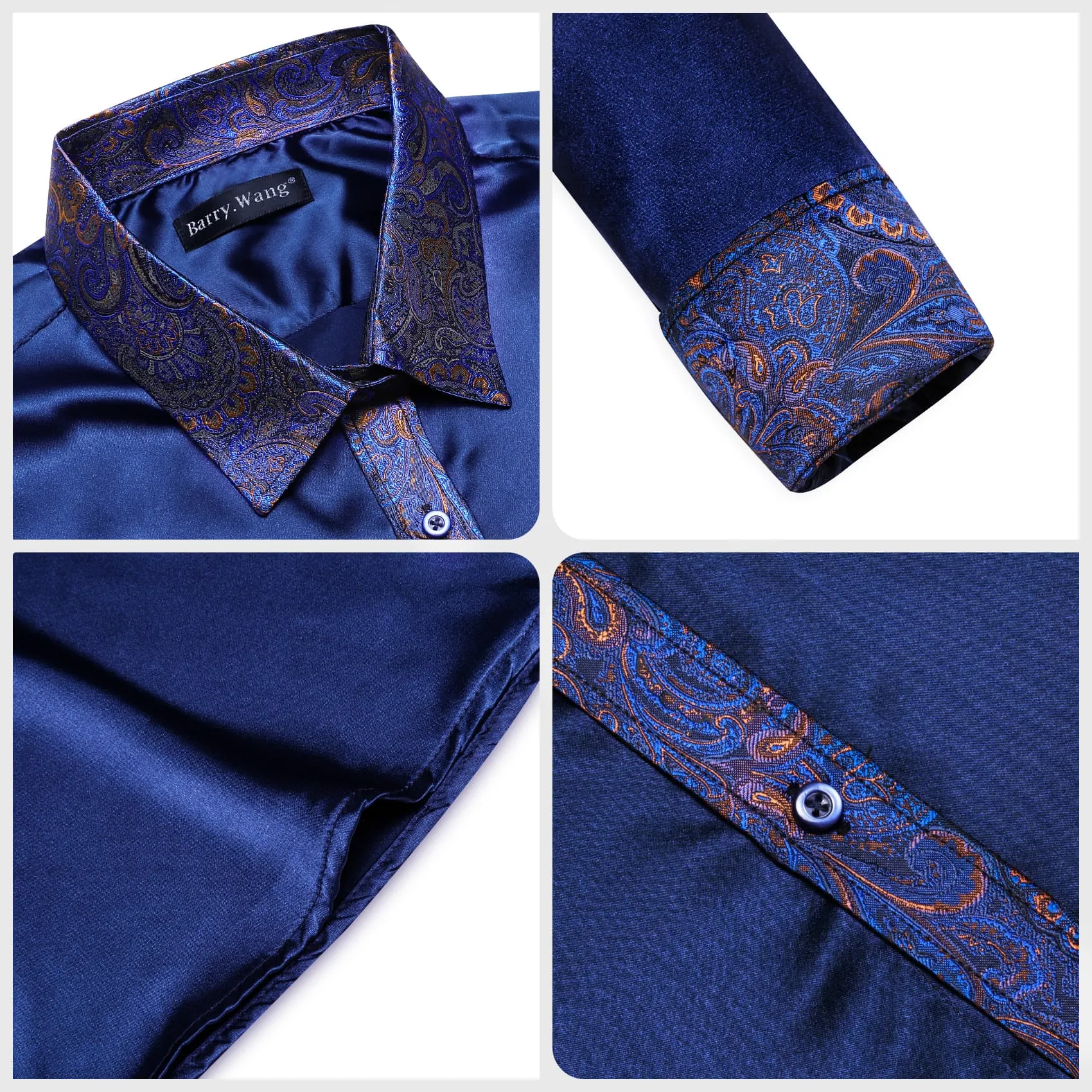 Barry Wang Dark Blue Shirt with Paisley Collar Button Up Satin Shirt