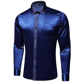 Barry Wang Dark Blue Shirt with Paisley Collar Button Up Satin Shirt