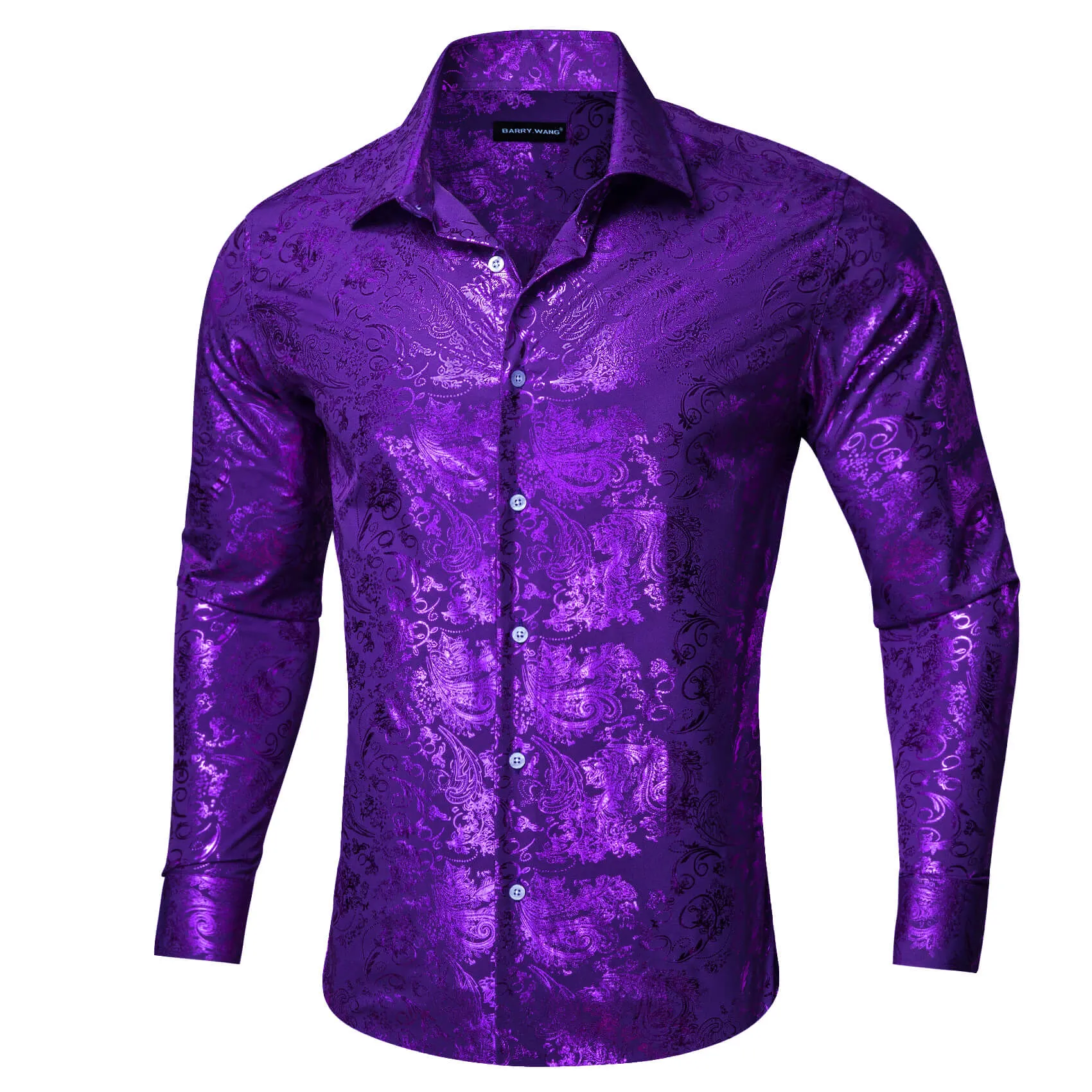 Barry.wang Button Down Shirt Violet Purple Bronzing Floral Silk Men's Long Sleeve Shirt
