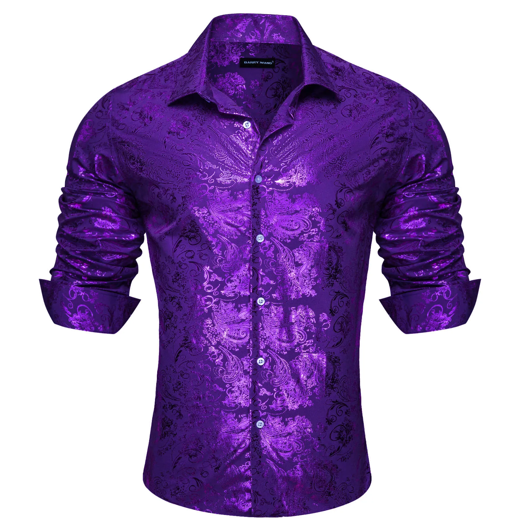 Barry.wang Button Down Shirt Violet Purple Bronzing Floral Silk Men's Long Sleeve Shirt