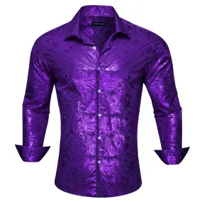 Barry.wang Button Down Shirt Violet Purple Bronzing Floral Silk Men's Long Sleeve Shirt