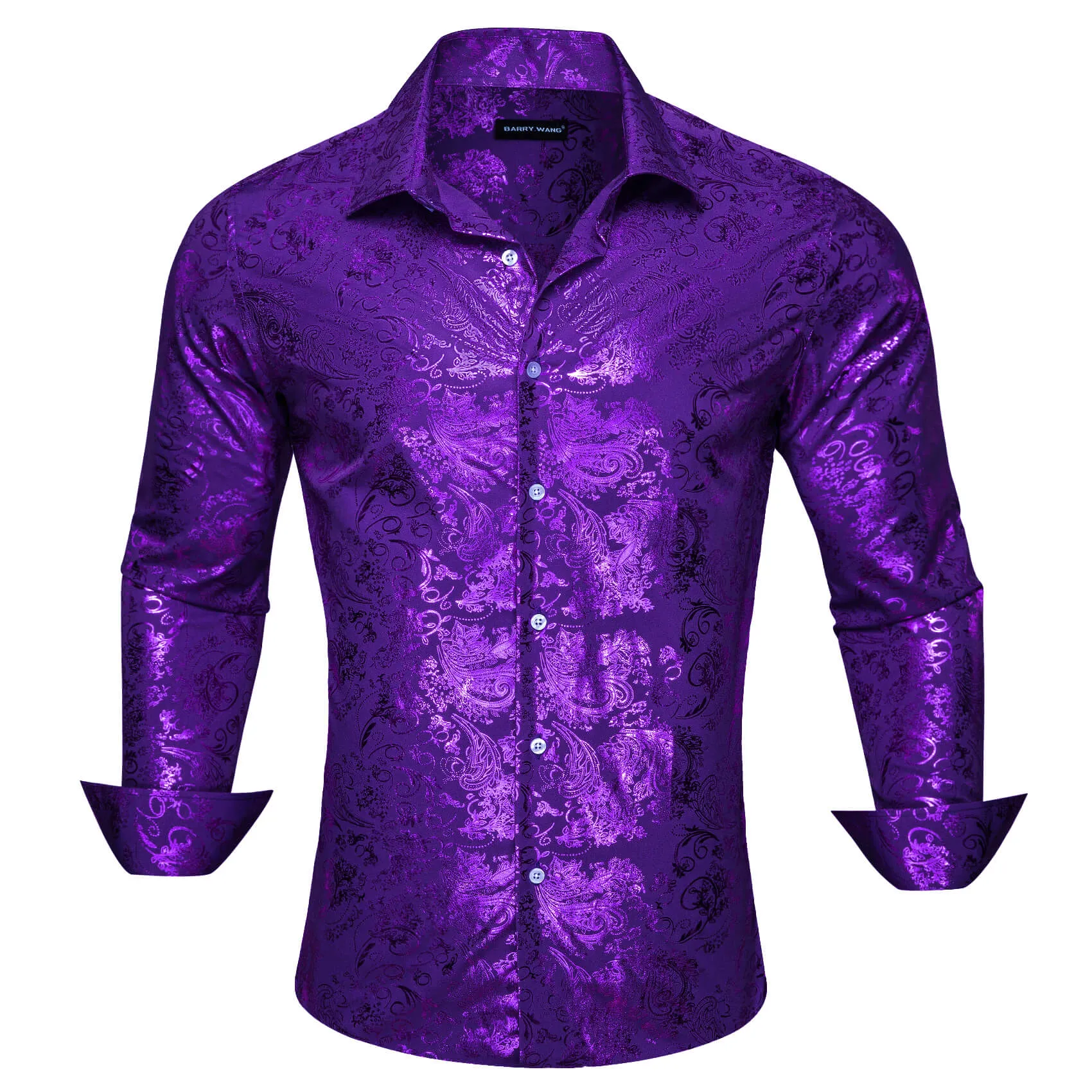 Barry.wang Button Down Shirt Violet Purple Bronzing Floral Silk Men's Long Sleeve Shirt