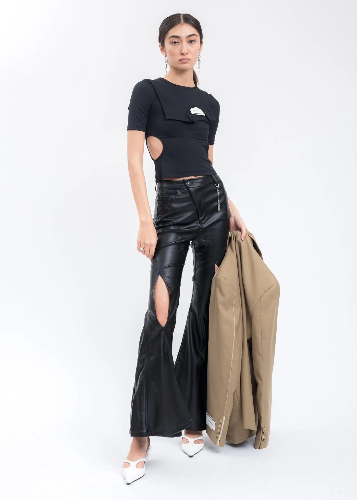 Black Faux Leather Flared Trousers