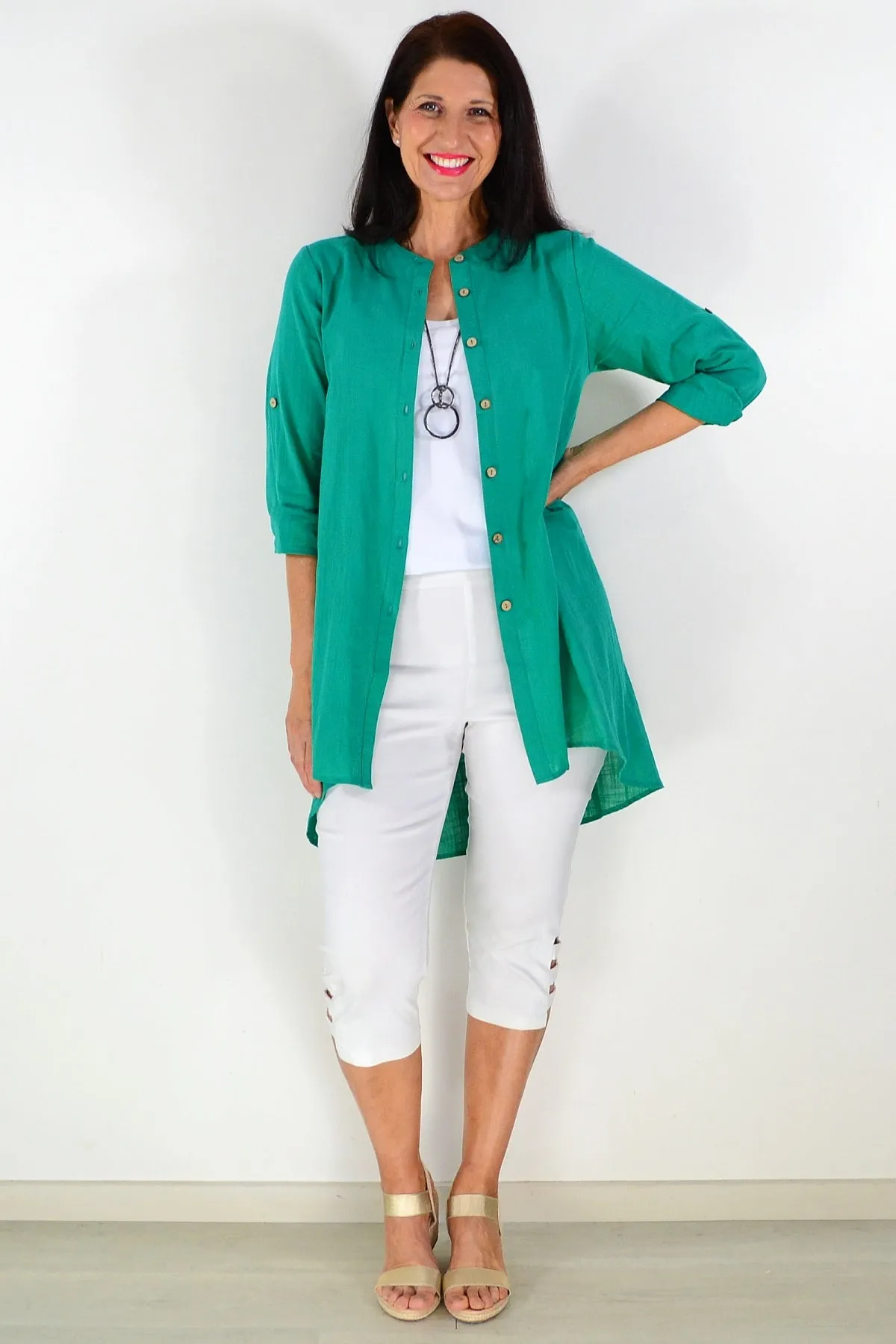 Block Green Button Up Shirt Tunic