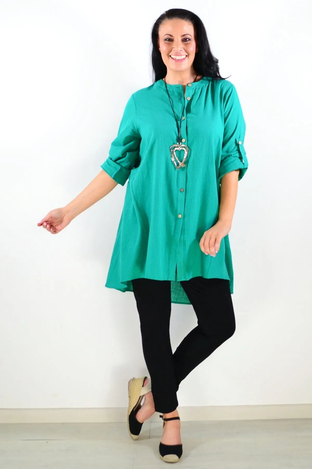 Block Green Button Up Shirt Tunic