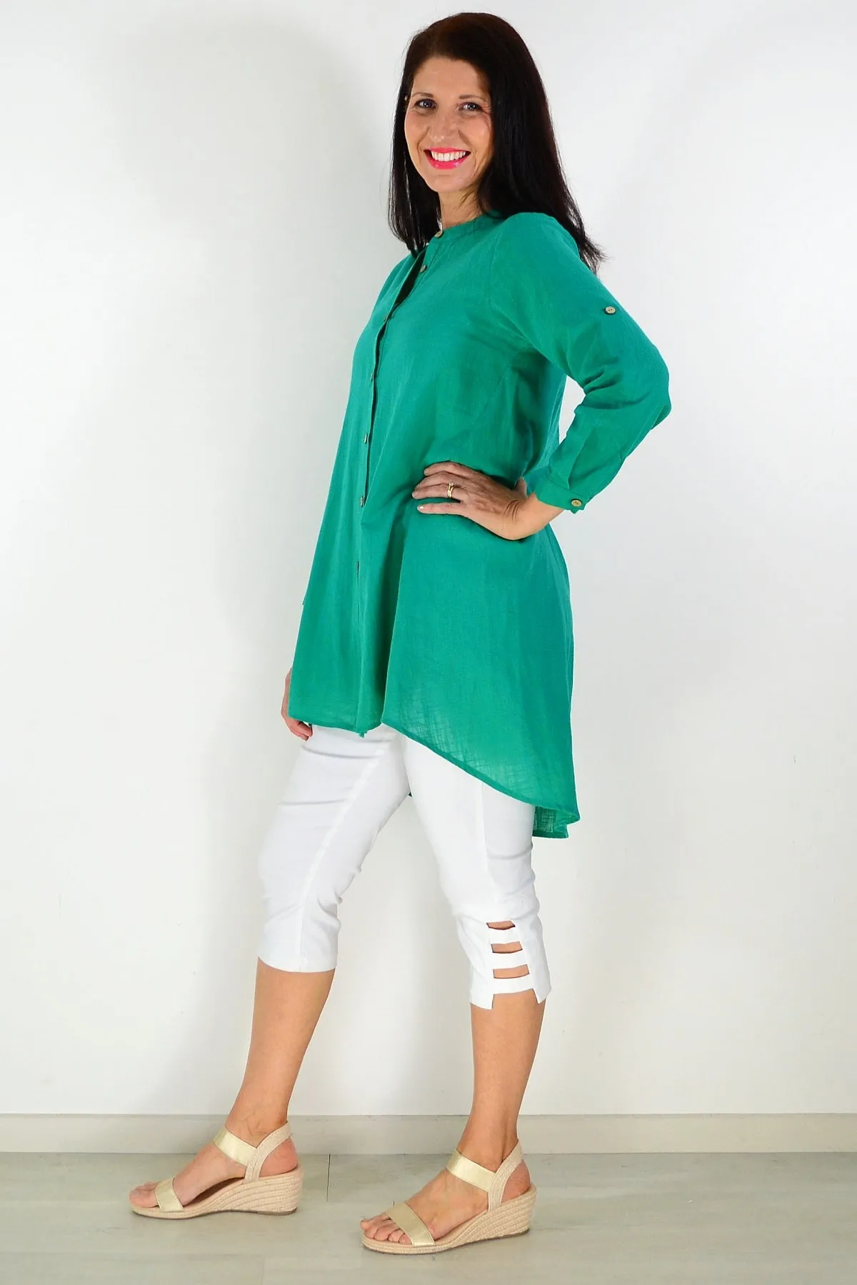 Block Green Button Up Shirt Tunic