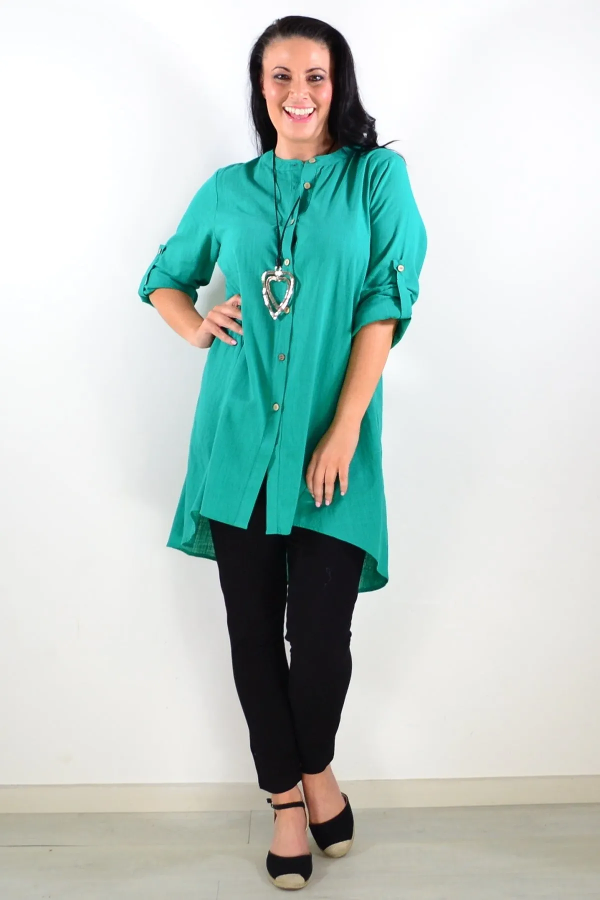 Block Green Button Up Shirt Tunic